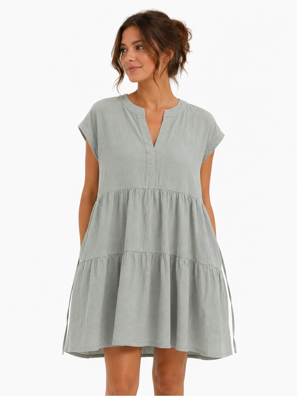 Calvin Klein Tiered Mini Dress Sage Green Textured Casual Dress